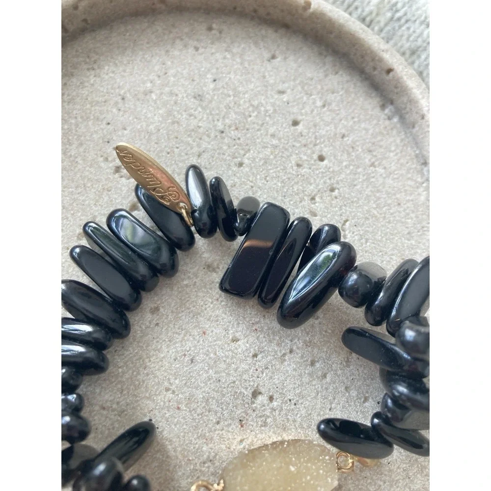 Plunder Black Beaded Stretch Bracelet Gold Tone Druzy Bar Statement Glam Couture